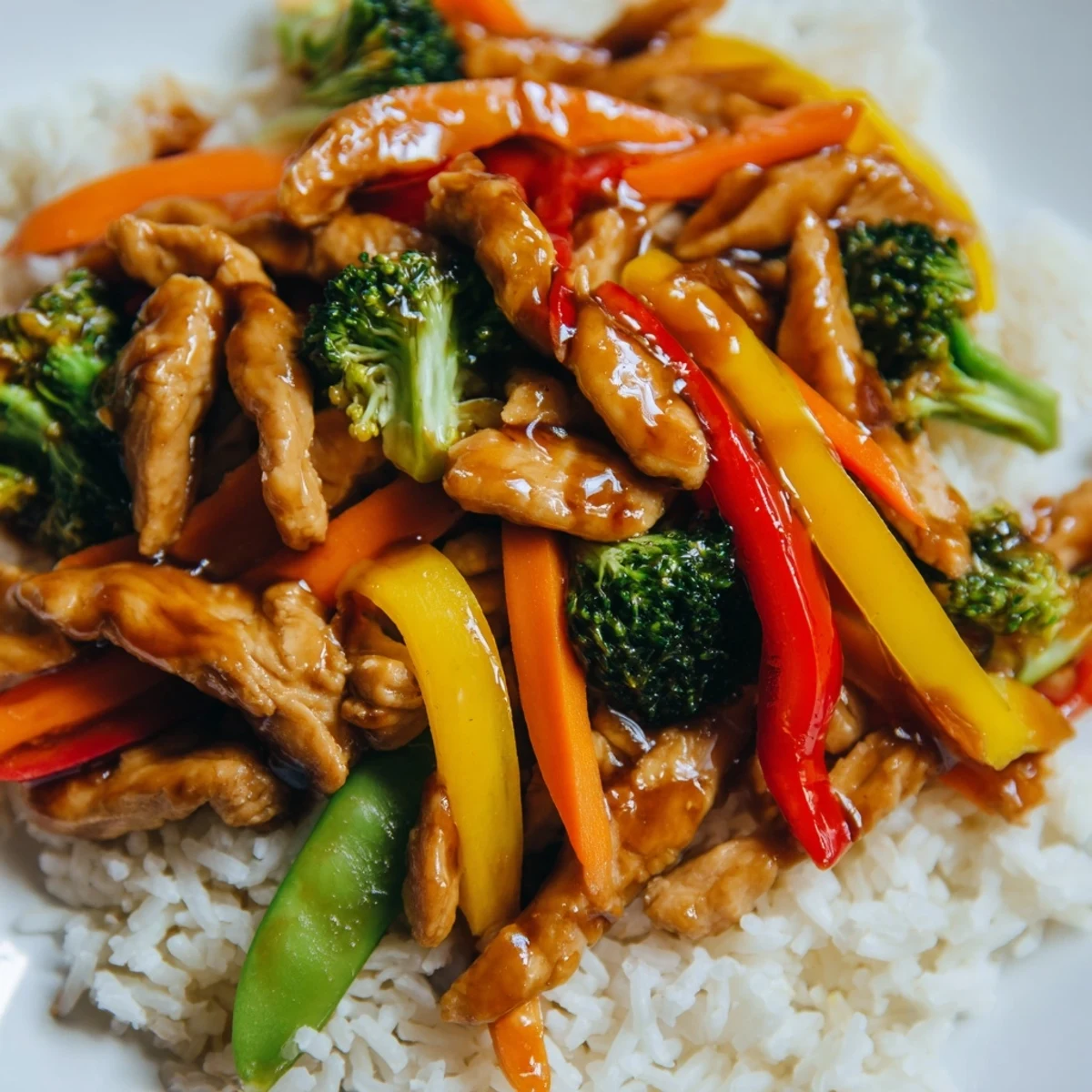 Steamy bowl of Chicken Veggie Stir Fry with Rice and colorful peppers, broccoli, and tender chicken.