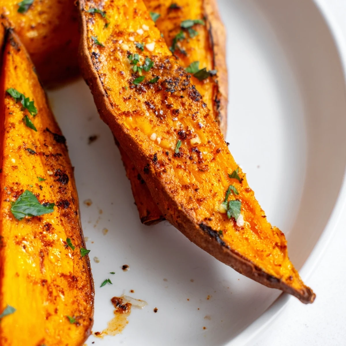 Golden-brown Crispy Sweet Potatoes wedges with a crunchy exterior and fluffy center, seasoned with smoked paprika and garlic powder, served as a savory side dish.