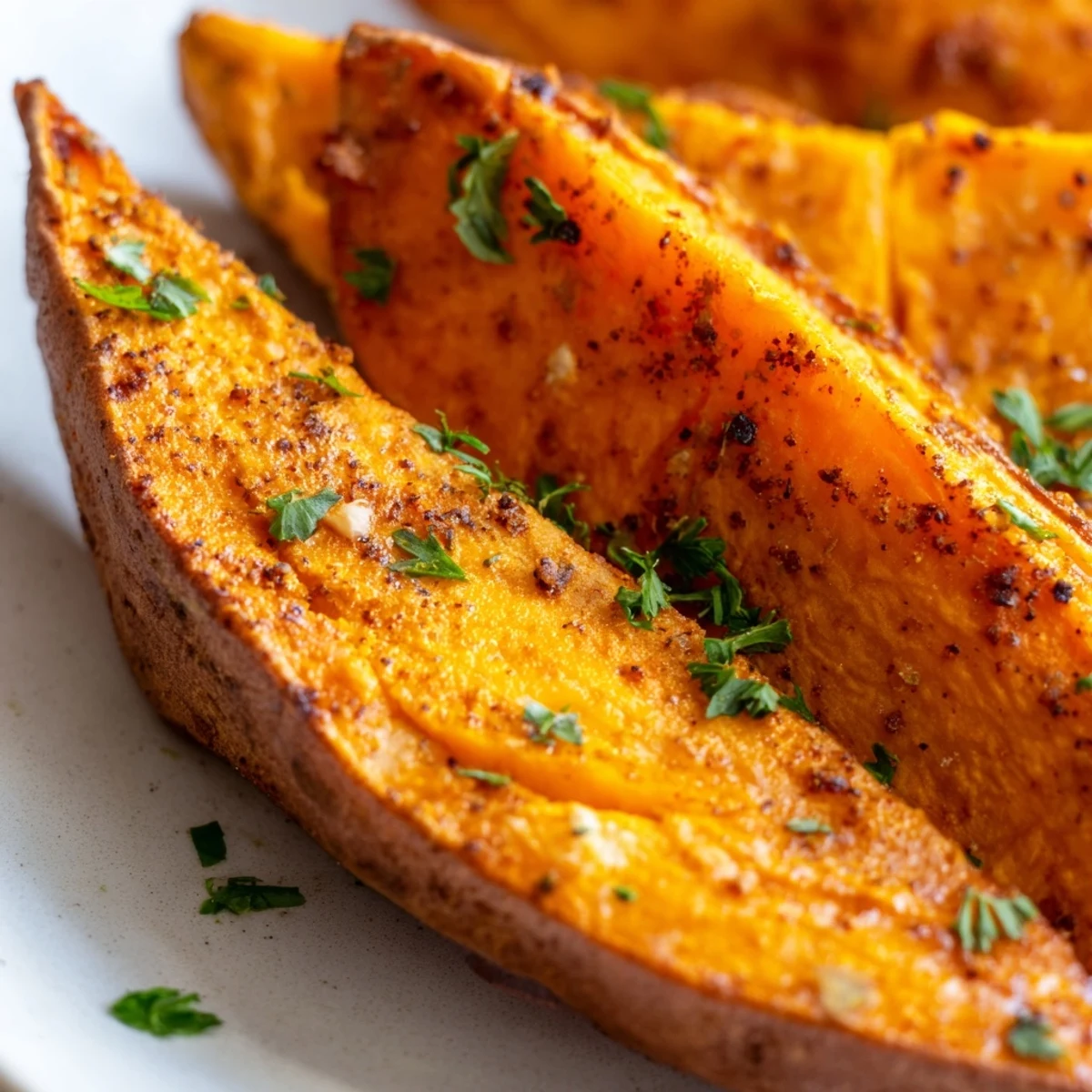 Savory Crispy Sweet Potatoes with a light dusting of sea salt and fresh parsley, emerging from the oven with a delightful crisp texture ready for dipping.
