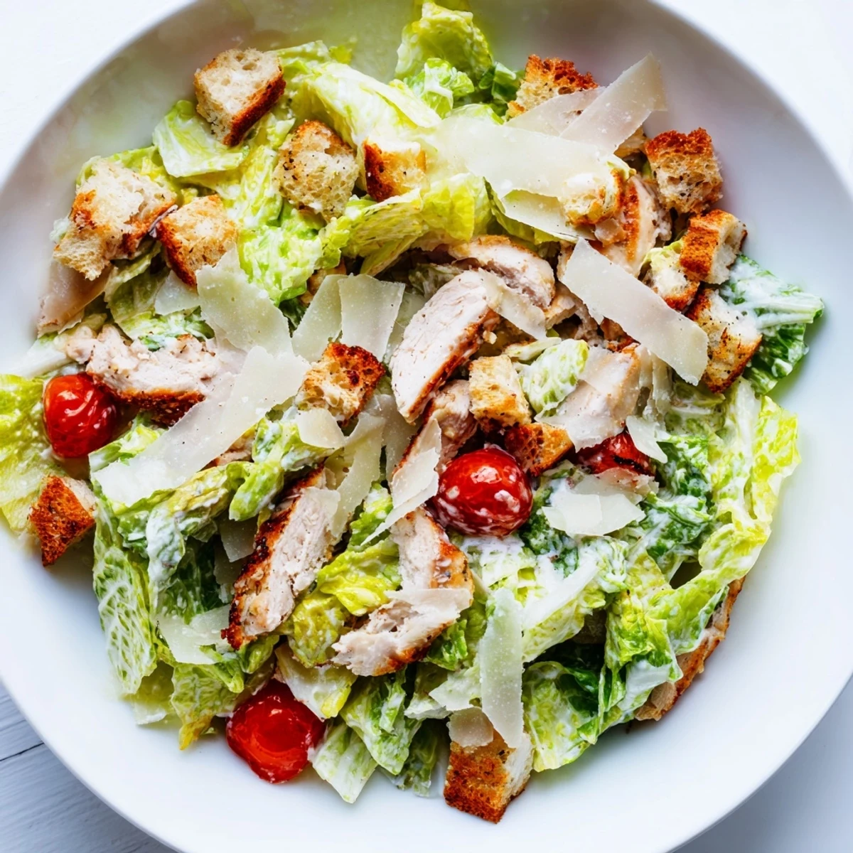 Shaved Parmesan and creamy Caesar dressing coat the greens for a classic, savory main dish.