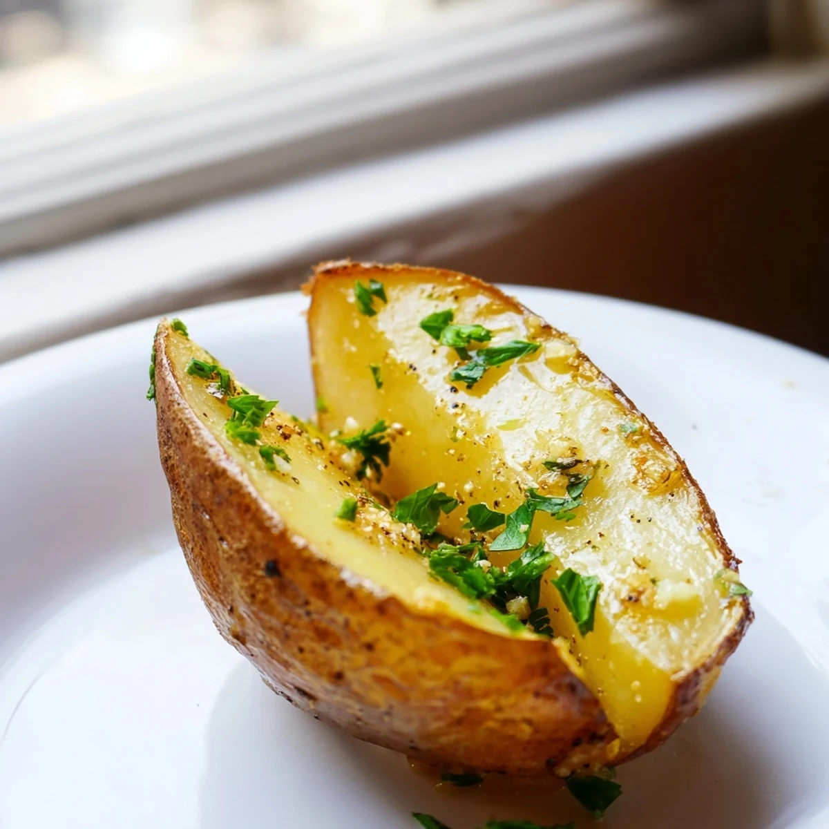 Savory Greek Lemon Potatoes garnished with fresh parsley and lemon wedges, ready to accompany grilled meats or roasted vegetables.