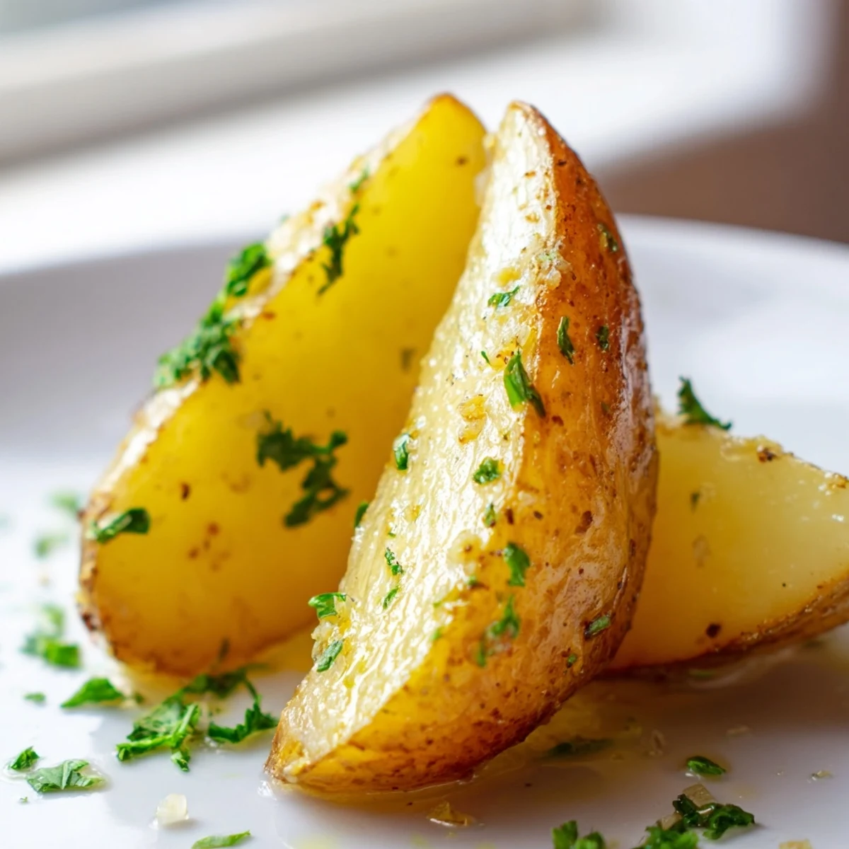 Roasted Lemon Potatoes glistening with olive oil and citrus, featuring golden, crispy wedges perfect for a vegetarian side dish.