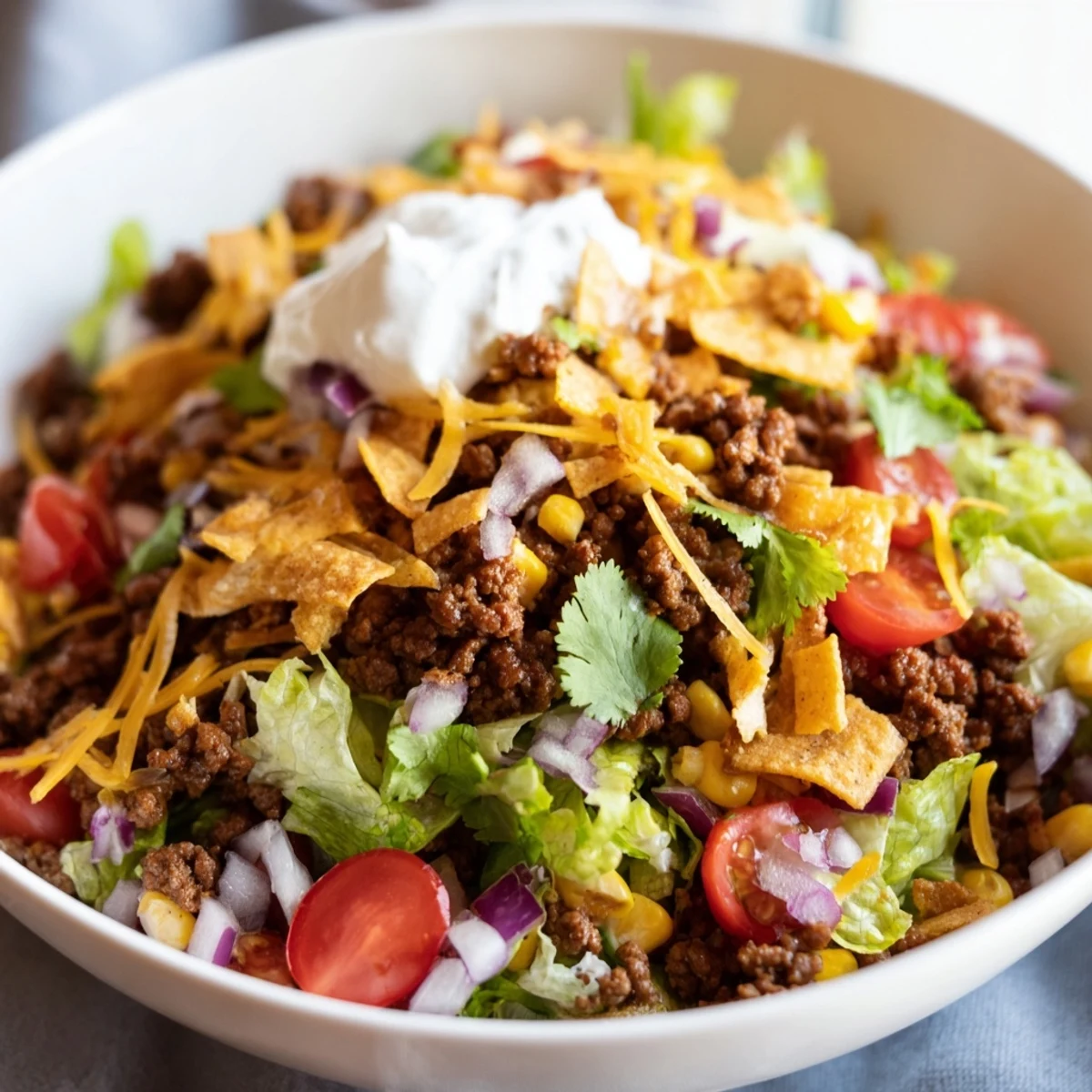 Hearty Beef Taco Salad topped with creamy avocado, cheddar, and fresh cilantro, served with lime.