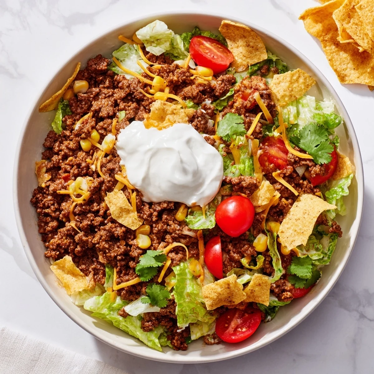 A vibrant Beef Taco Salad with seasoned ground beef, black beans, corn, and crunchy tortilla chips.