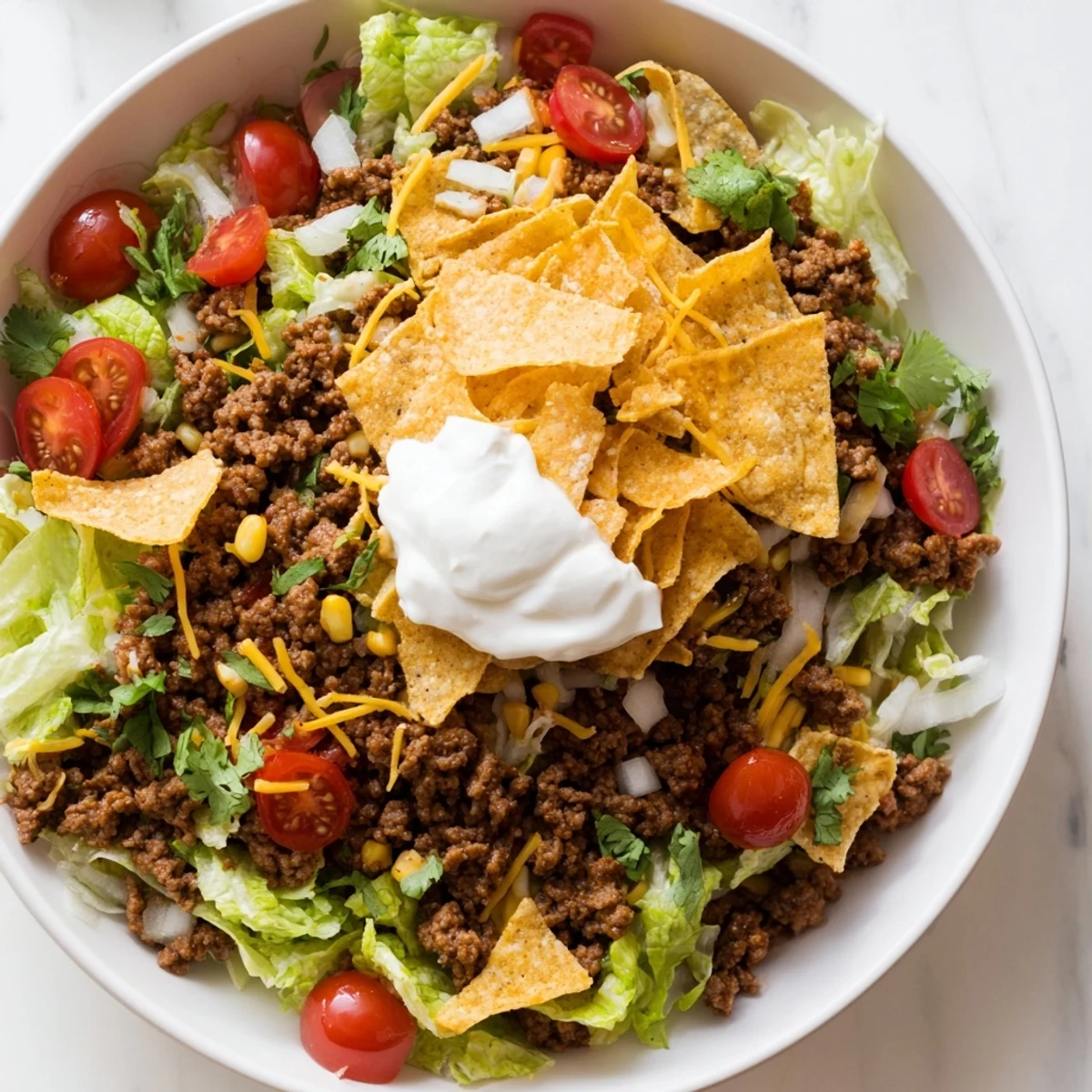 Loaded Beef Taco Salad featuring crisp romaine, warm taco meat, and all the classic toppings.