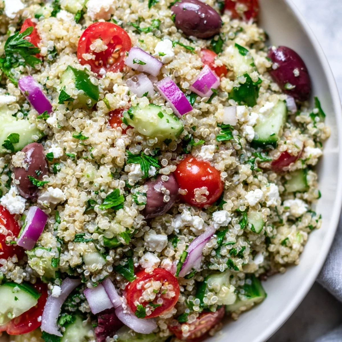 Vibrant Mediterranean quinoa salad with crisp vegetables, briny olives, and tangy feta, drizzled with zesty dressing.