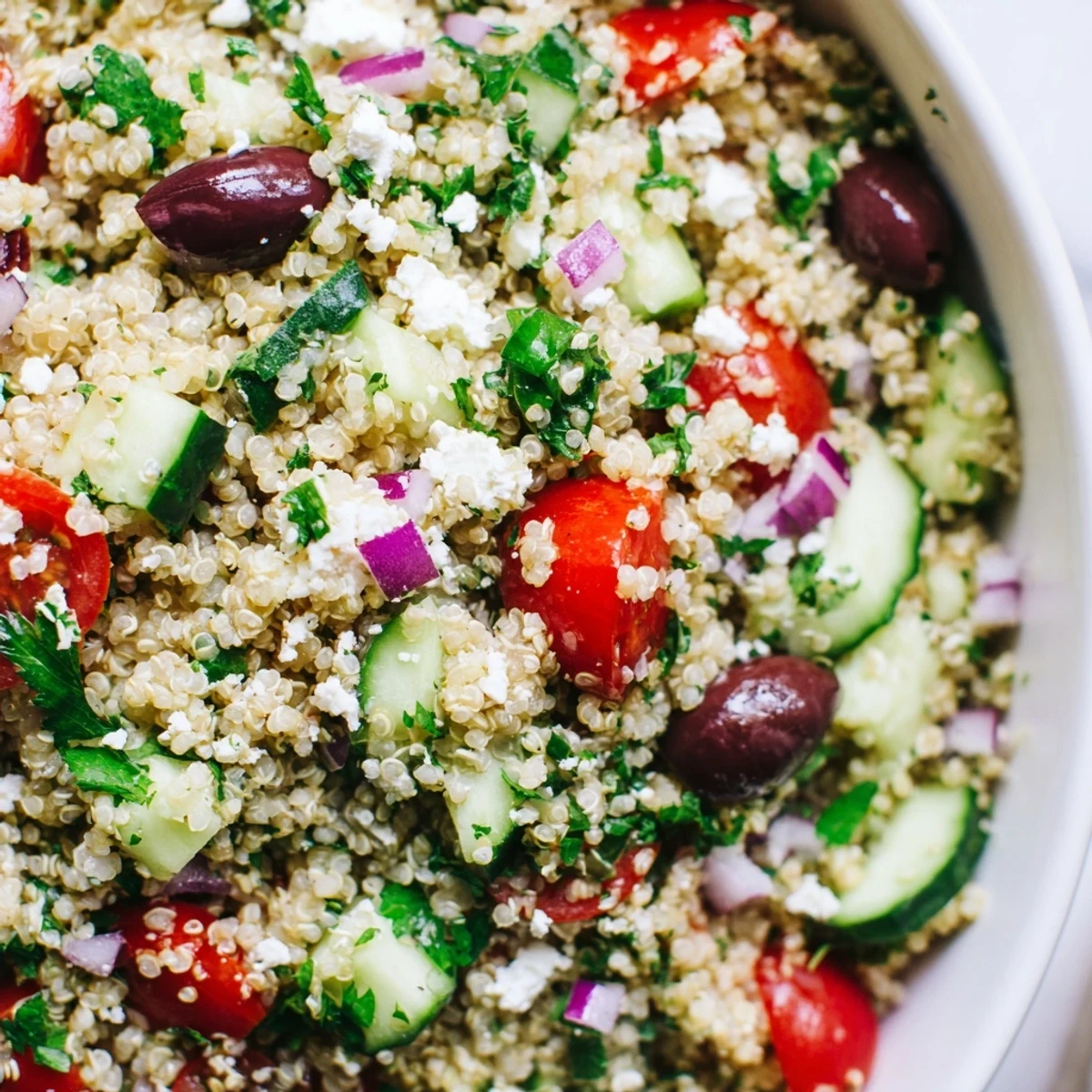 Colorful Mediterranean quinoa salad with vegetables, olives, and feta, served in a white bowl for lunch.