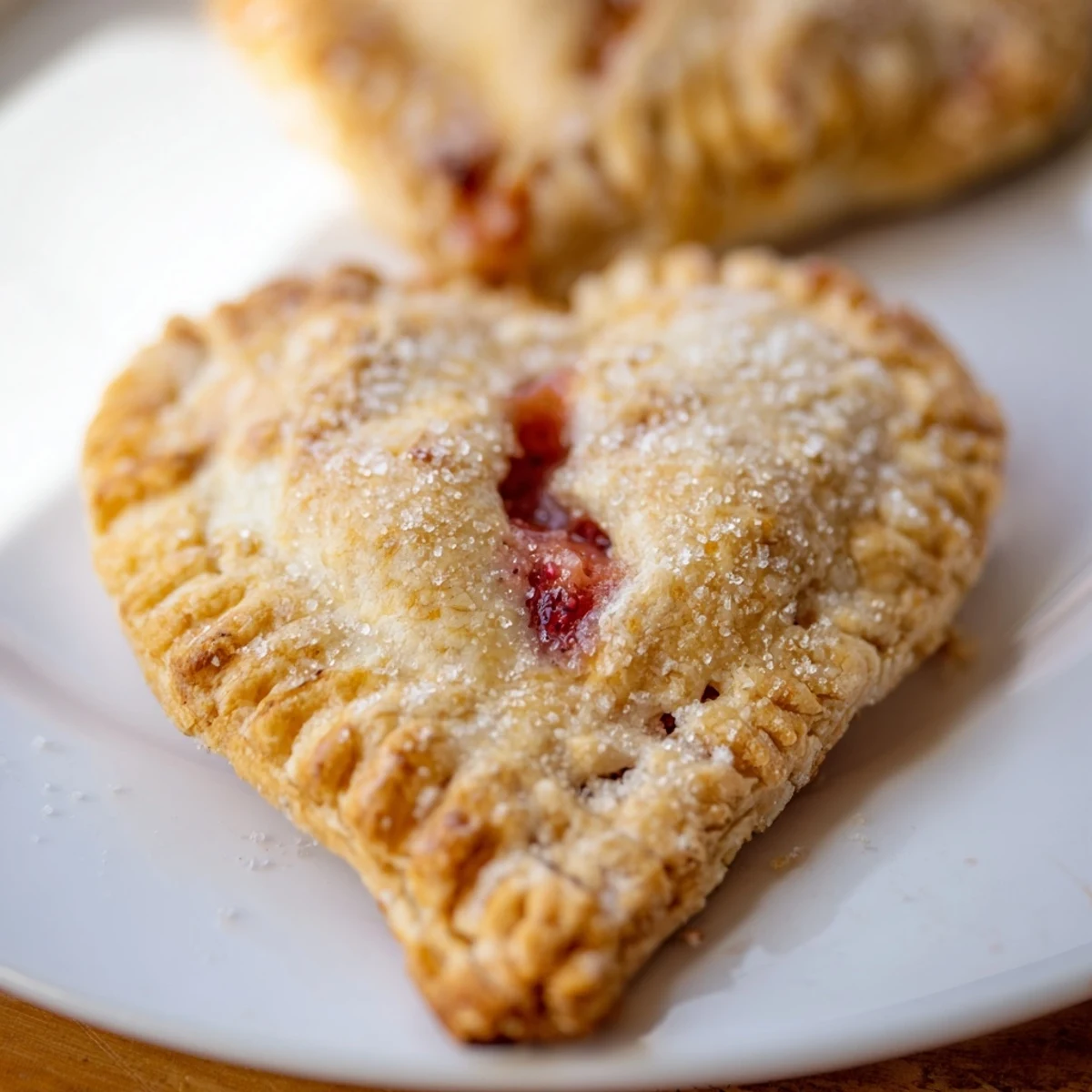 A close-up view of a warm Heart Shaped Strawberry Hand Pie with sweet strawberry filling oozing from the edges.