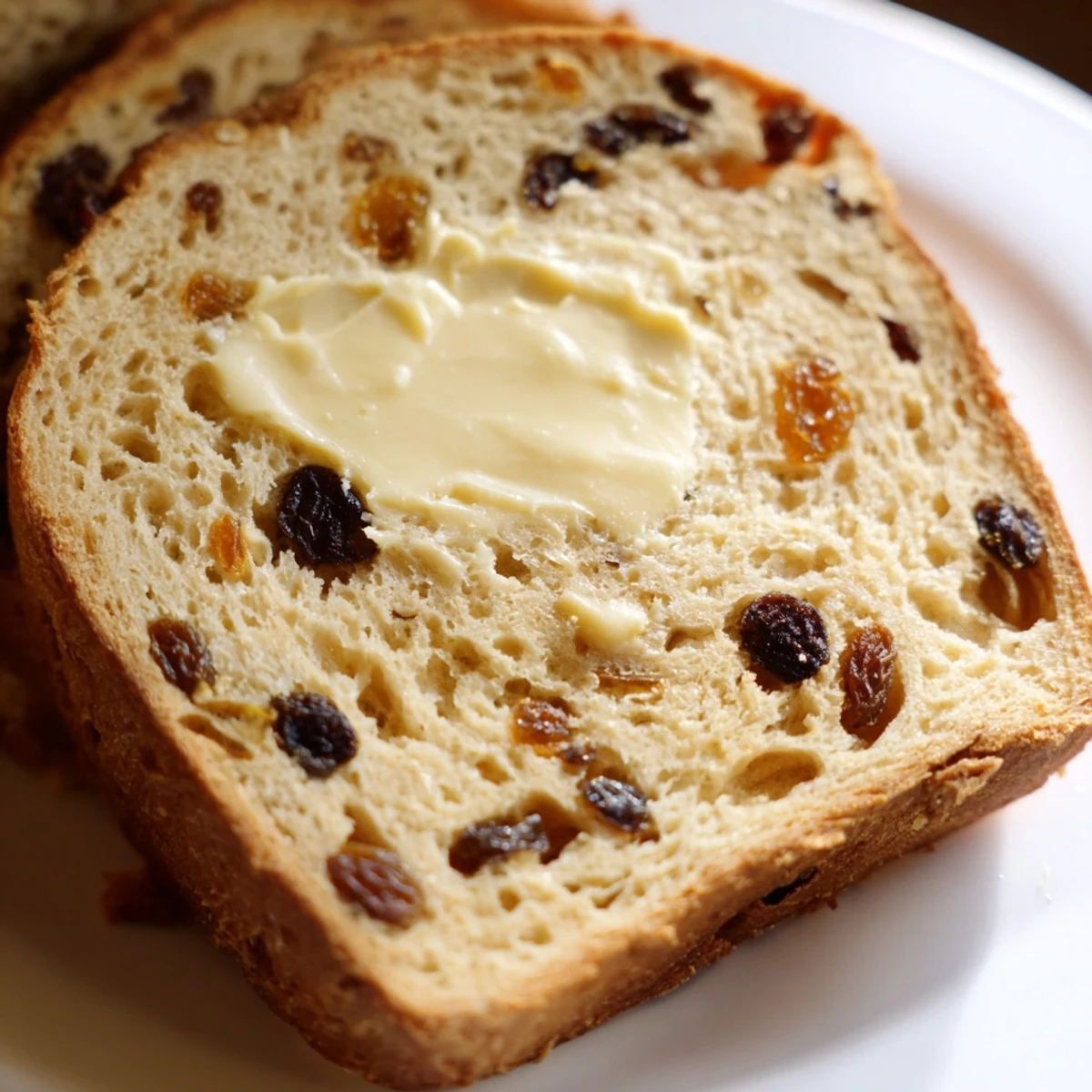 Freshly baked Irish Barmbrack fruit bread cooling on a wire rack, featuring golden crust and visible plump, tea-soaked raisins. 