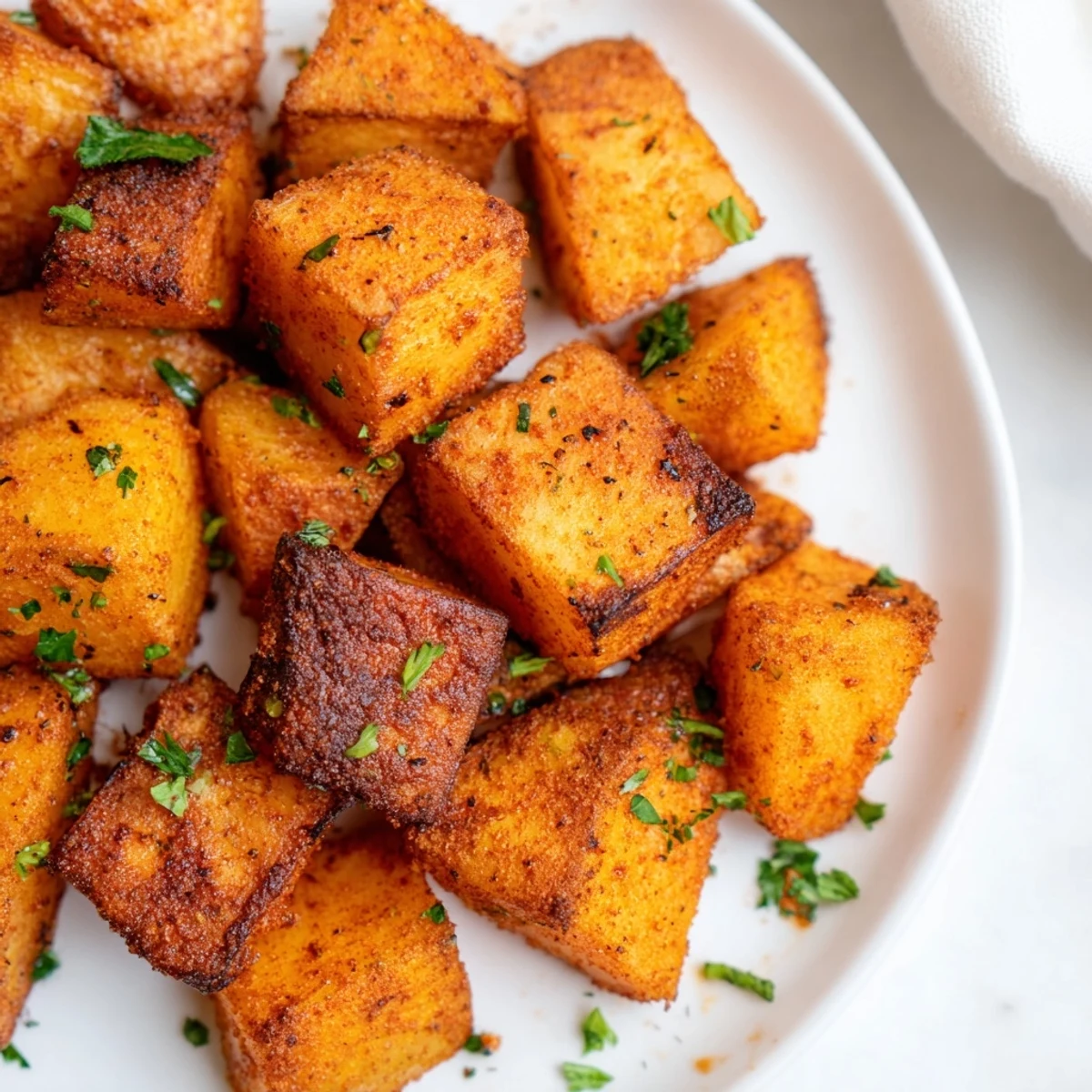 Golden-brown Cajun Spiced Roasted Potatoes piled high on a white platter, garnished with fresh parsley and lemon wedges.