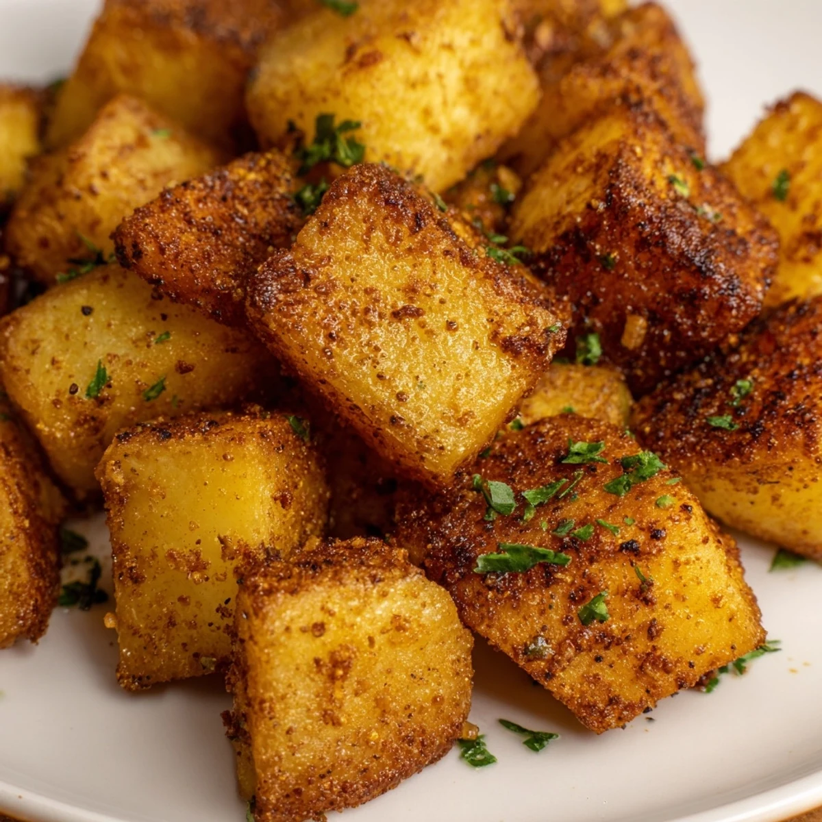A close-up shot of crispy Cajun Spiced Roasted Potatoes with visible spice flecks and a rustic wooden serving spoon.