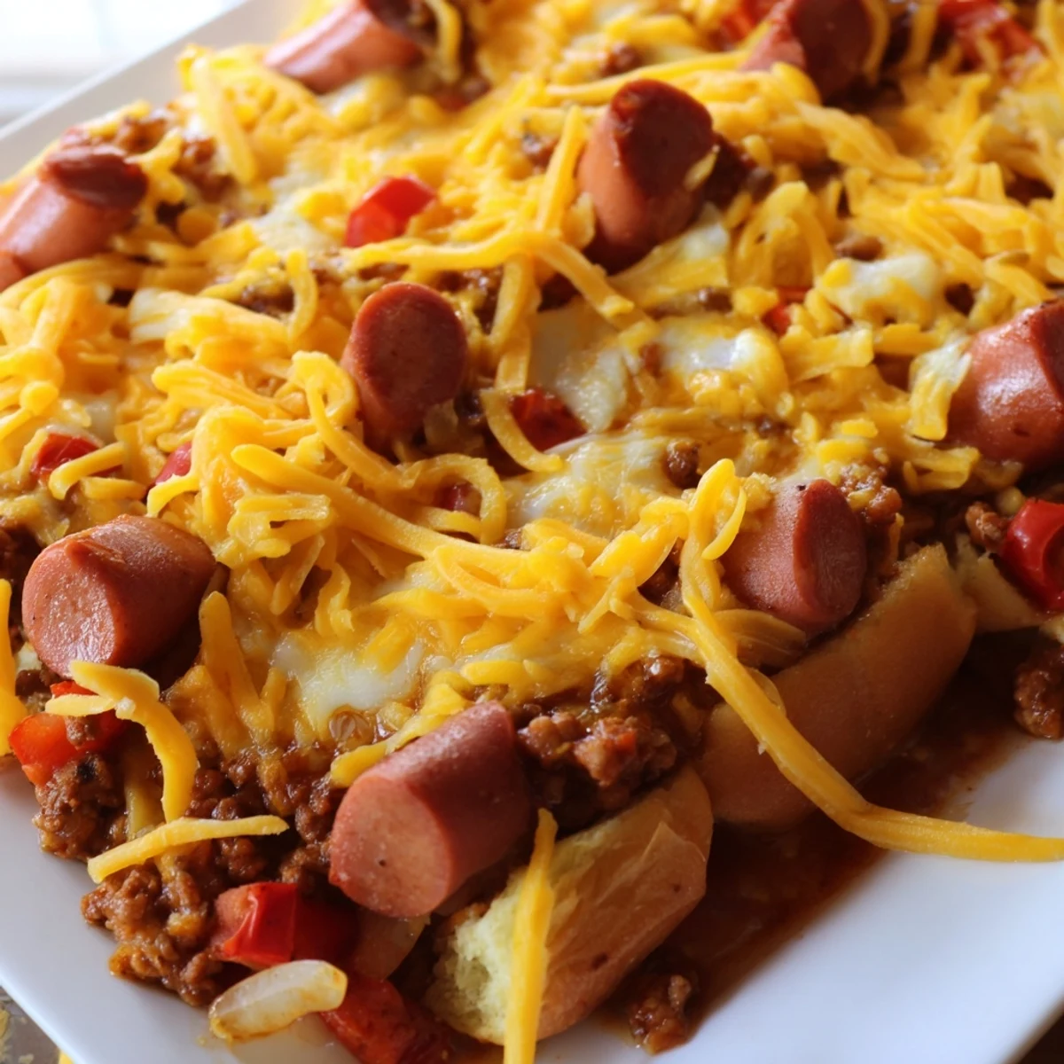 A hearty scoop of the End Zone Chili Cheese Dog Casserole reveals zesty beef chili, diced peppers, and tender halal hot dog pieces.