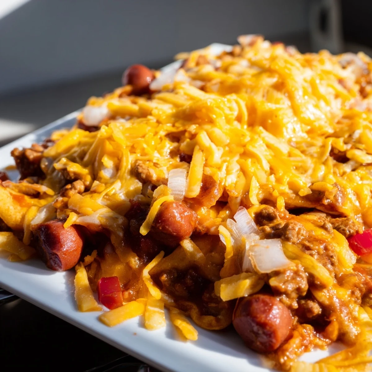 Sizzling halal hot dogs and a thick, savory chili mixture sit under a crispy cheese crust in the End Zone Chili Cheese Dog Casserole.