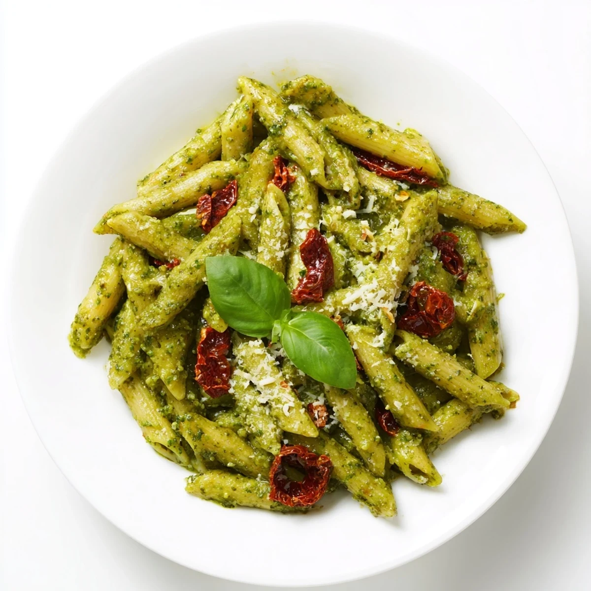 Steaming Green Pesto Pasta with Sun-Dried Tomatoes, tossed in a vibrant green basil sauce and garnished with fresh leaves.