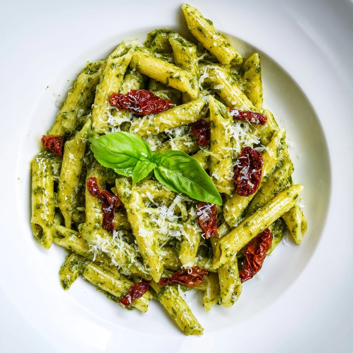 Hearty Green Pesto Pasta with Sun-Dried Tomatoes plated for dinner, featuring jewel-like tomato slices and a dusting of grated Parmesan.
