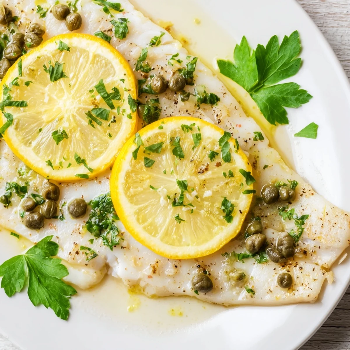 A close-up of succulent baked halibut with lemon and capers, flaking gently with a fork.