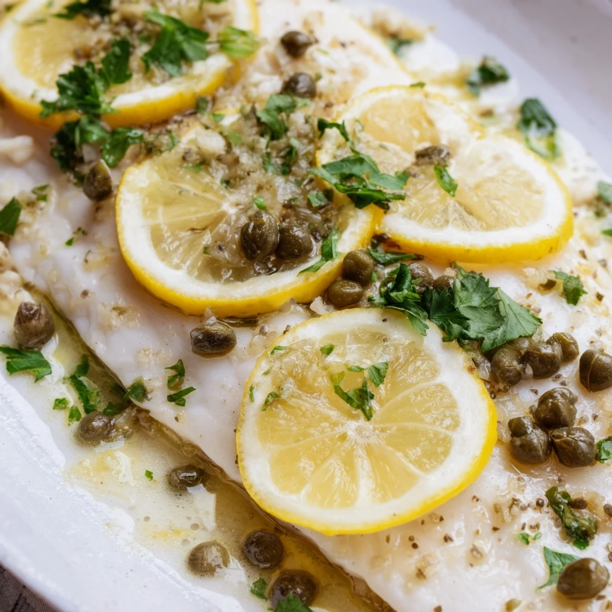 Healthy baked halibut with lemon and capers served alongside steamed asparagus and rice pilaf.