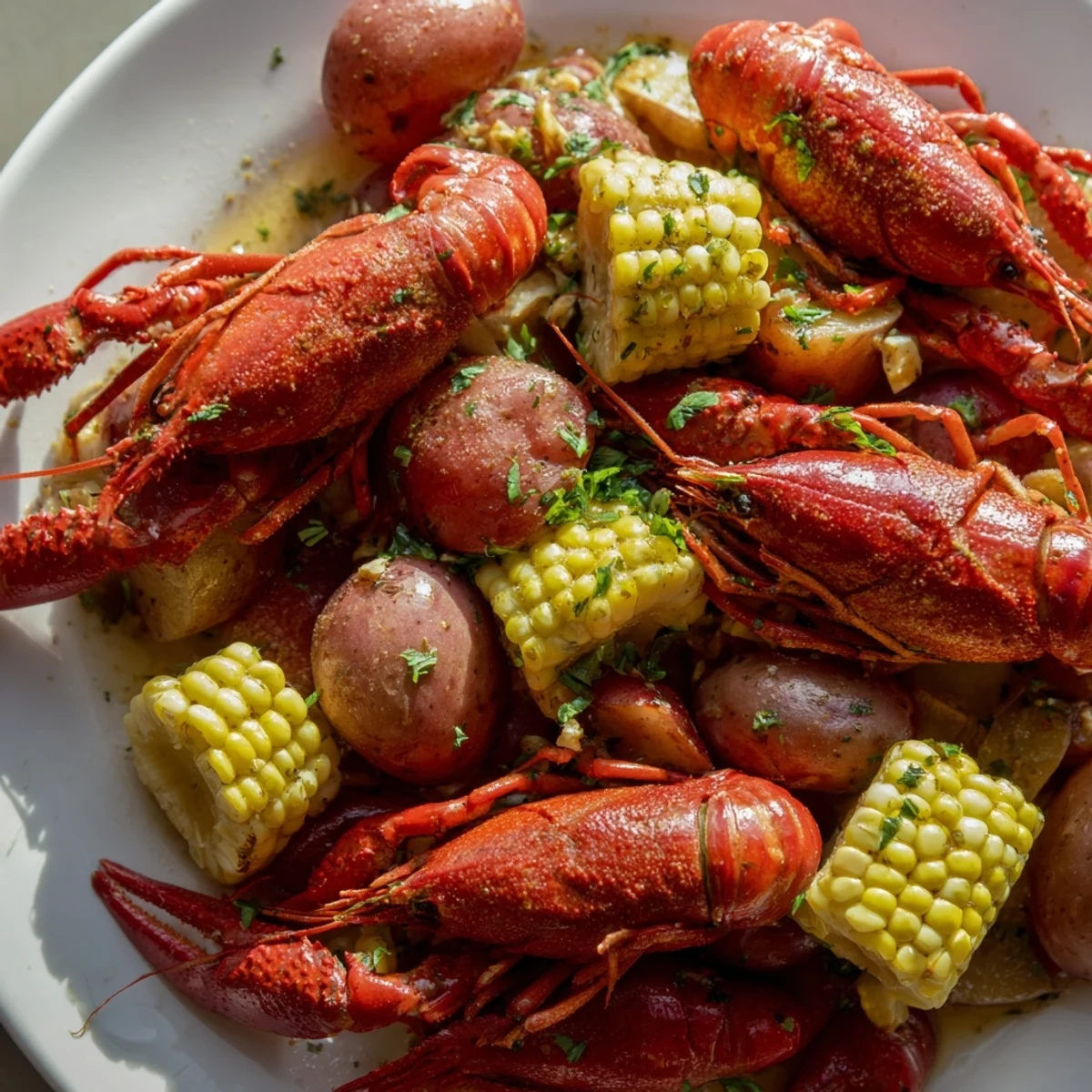 A festive Creole Crawfish Boil spread, piled high with crawfish, halved corn, and red potatoes, with lemon wedges and melted butter ready for dipping.