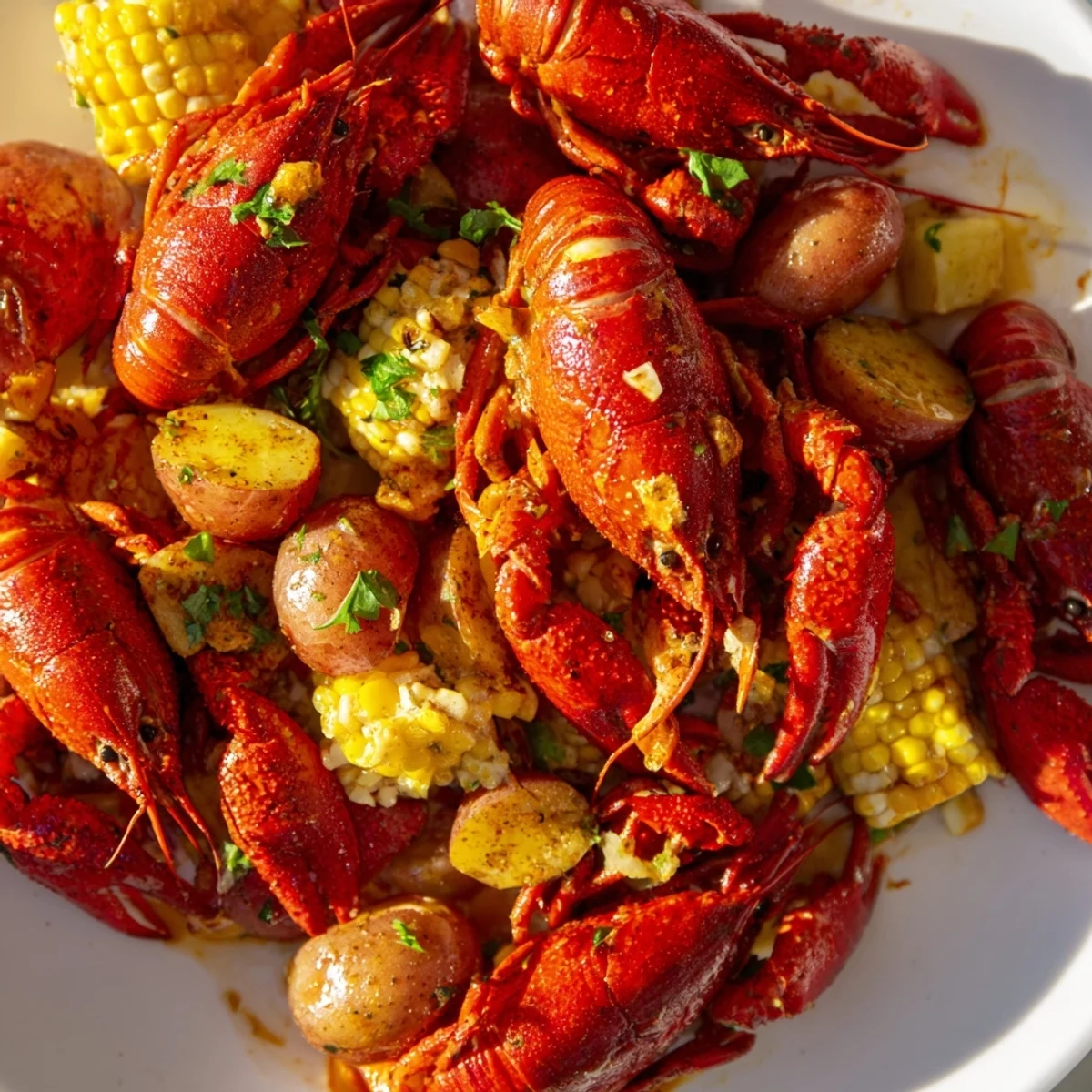 A close-up of Creole Crawfish Boil with corn and potatoes, bright red crawfish nestled among golden corn and tender potatoes, seasoned with Cajun spices.