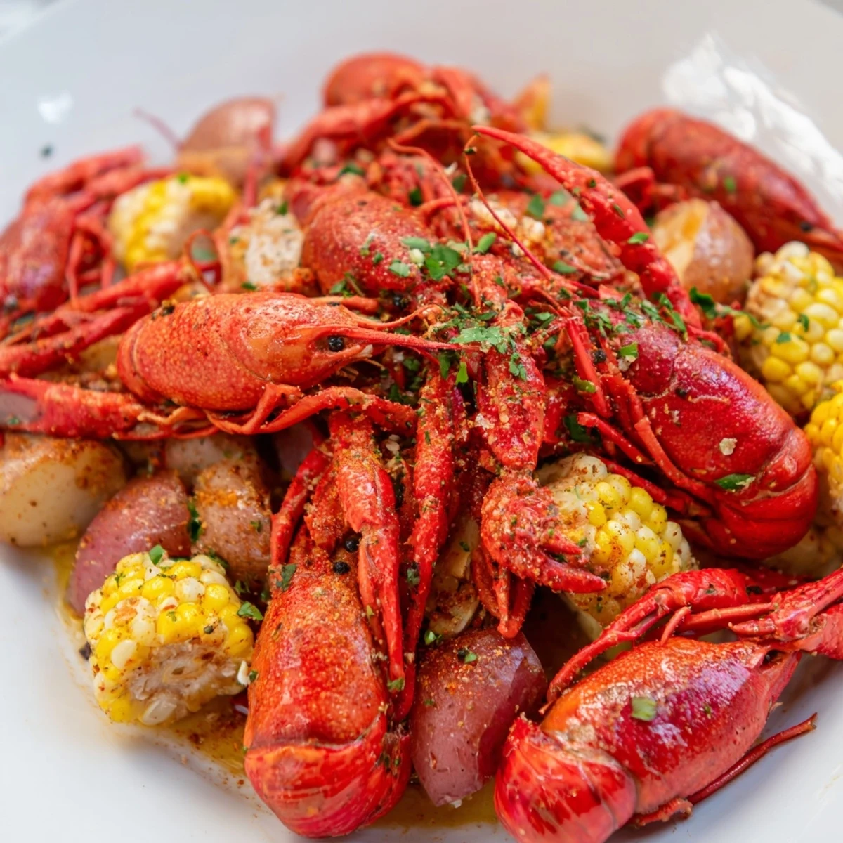 A steaming Creole Crawfish Boil in a pot, featuring crawfish, corn, potatoes, and Andouille sausage, infused with aromatic Creole spices for a Louisiana feast.