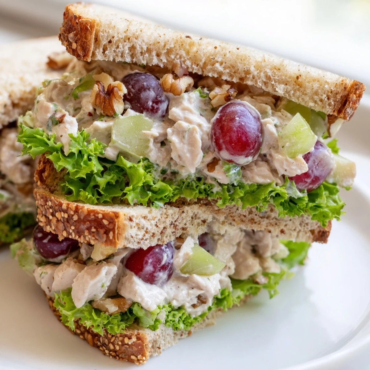 Freshly made Chicken Salad Sandwich with Grapes and Walnuts served on toasted multigrain bread with leafy greens.