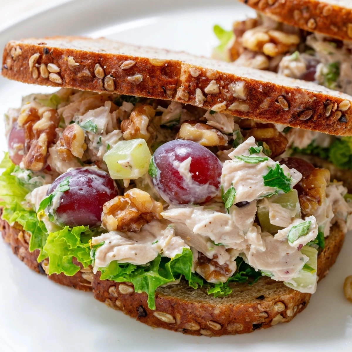 A close-up of a creamy Chicken Salad Sandwich with Grapes and Walnuts, ready for a light lunch or picnic.