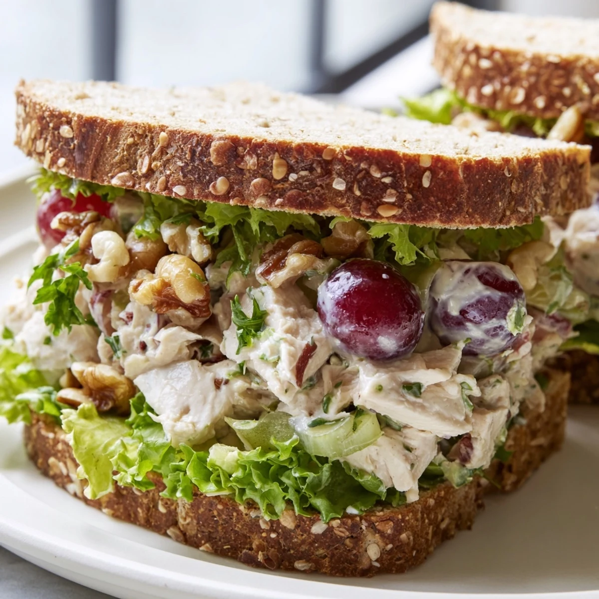 Golden toasted bread holds a hearty Chicken Salad Sandwich with Grapes and Walnuts, paired with crisp mixed greens.