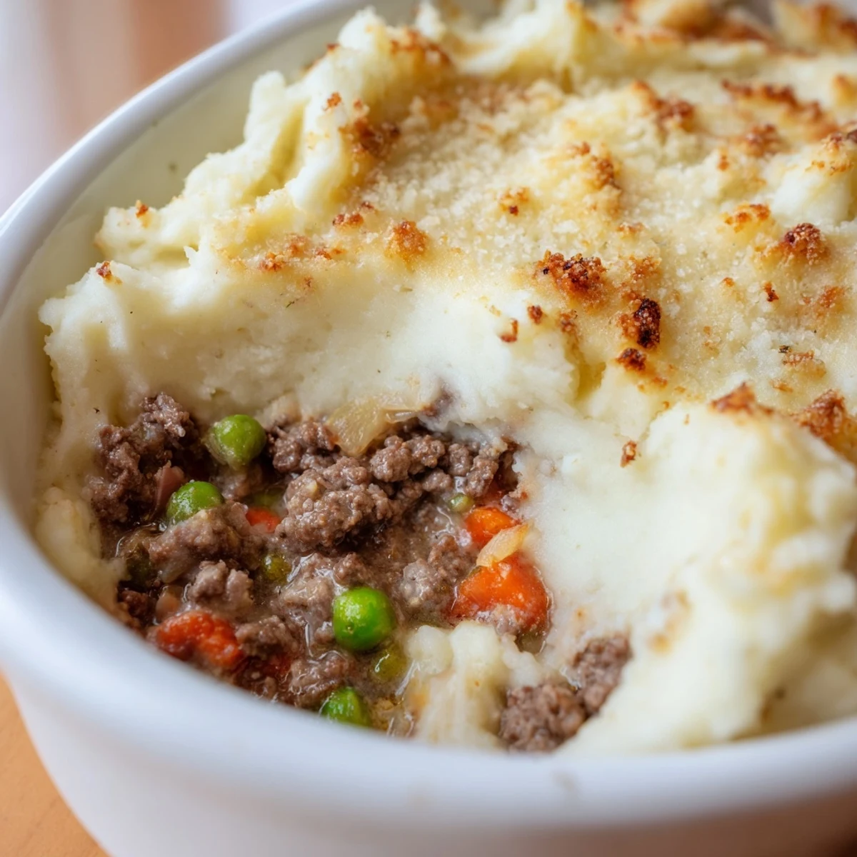 Golden-brown Beef Shepherds Pie with Cauliflower Mash bubbling in a ceramic dish, topped with a creamy, golden-brown mash.