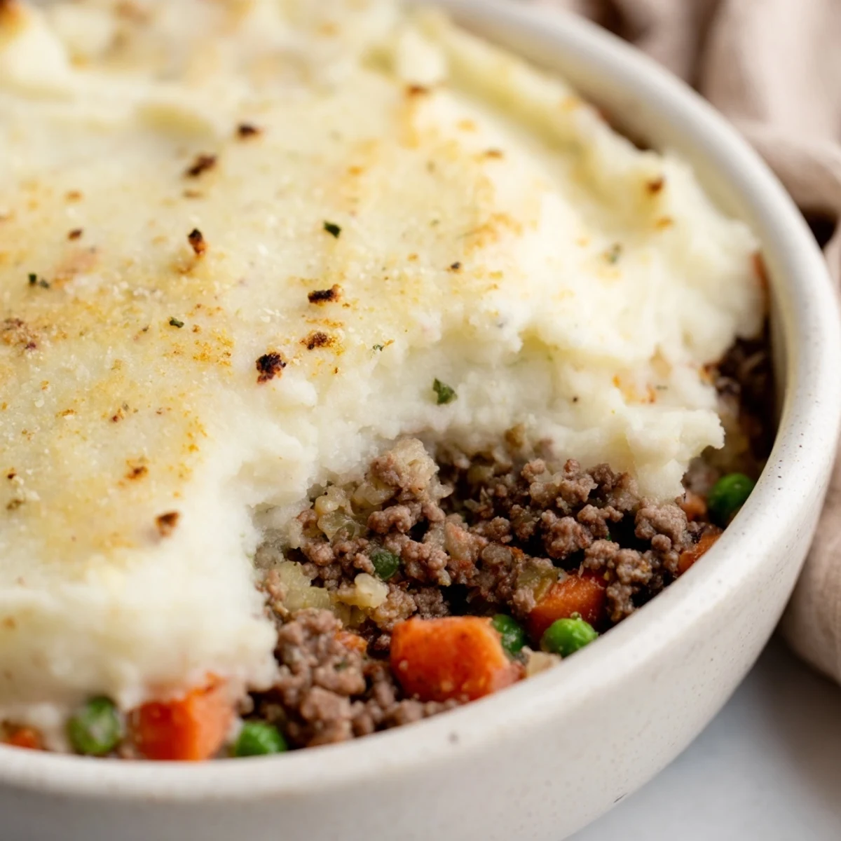 Close-up of Beef Shepherds Pie with Cauliflower Mash, highlighting the texture of the creamy mash and rich beef filling.