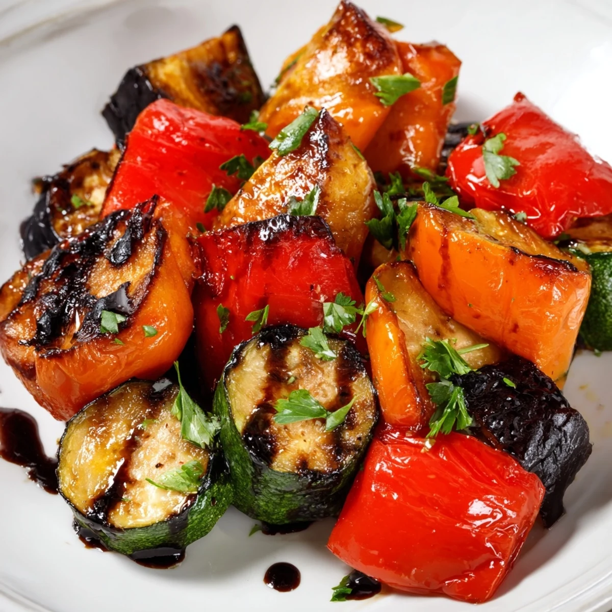 A close-up of Roasted Vegetable Medley Pan, featuring caramelized zucchini, peppers, and carrots fresh from the oven.
