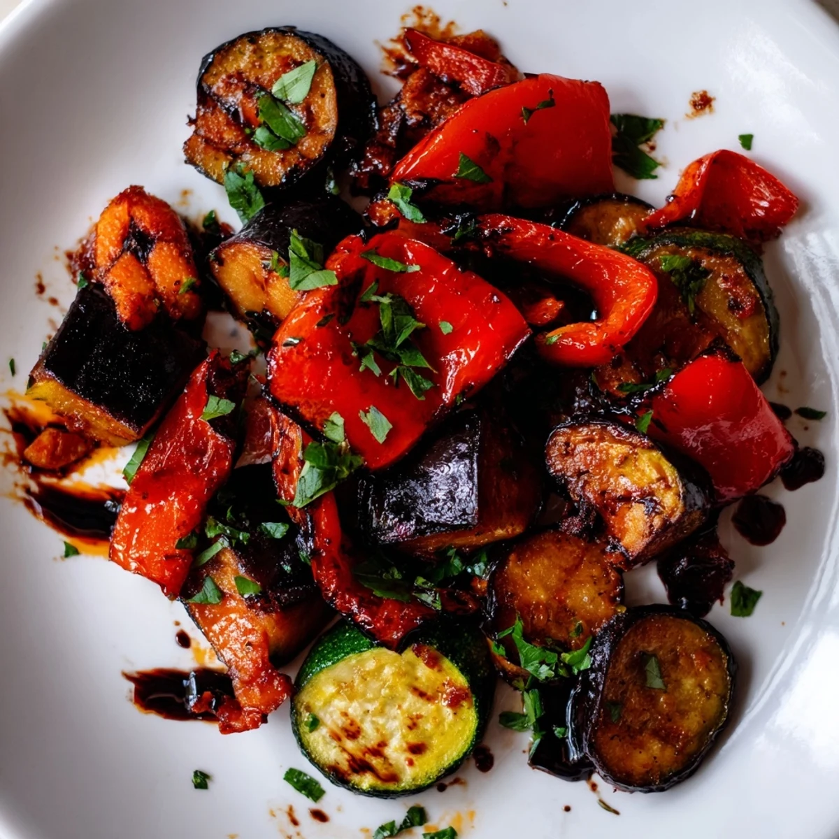 Roasted Vegetable Medley Pan served warm over quinoa, garnished with fresh parsley and a drizzle of balsamic glaze.