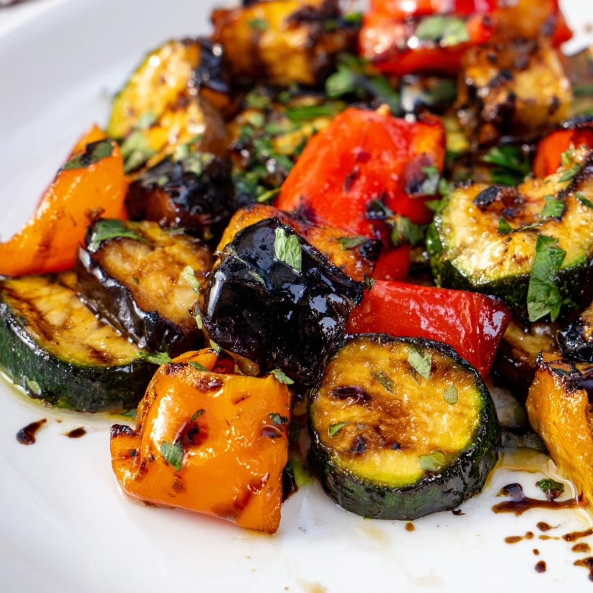 Colorful Roasted Vegetable Medley Pan on a rustic platter, with tender eggplant and blistered cherry tomatoes for a healthy side.
