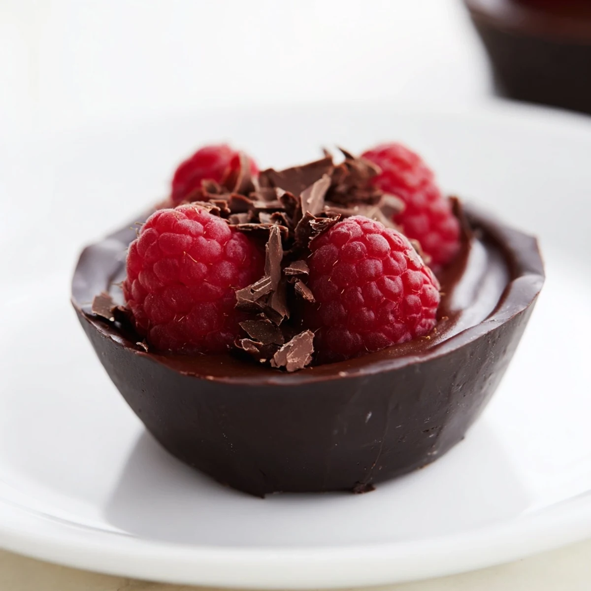 Luscious chocolate mousse in handcrafted dark chocolate cups, topped with chocolate shavings and a ripe strawberry for a decadent treat.  