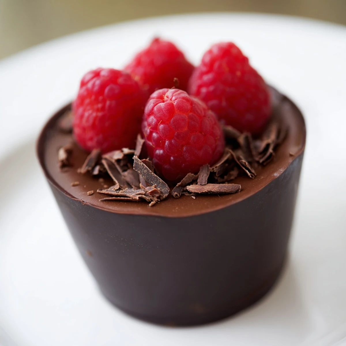 Rich chocolate dessert cups filled with silky dark chocolate mousse, garnished with fresh raspberries and mint for an elegant finish.  