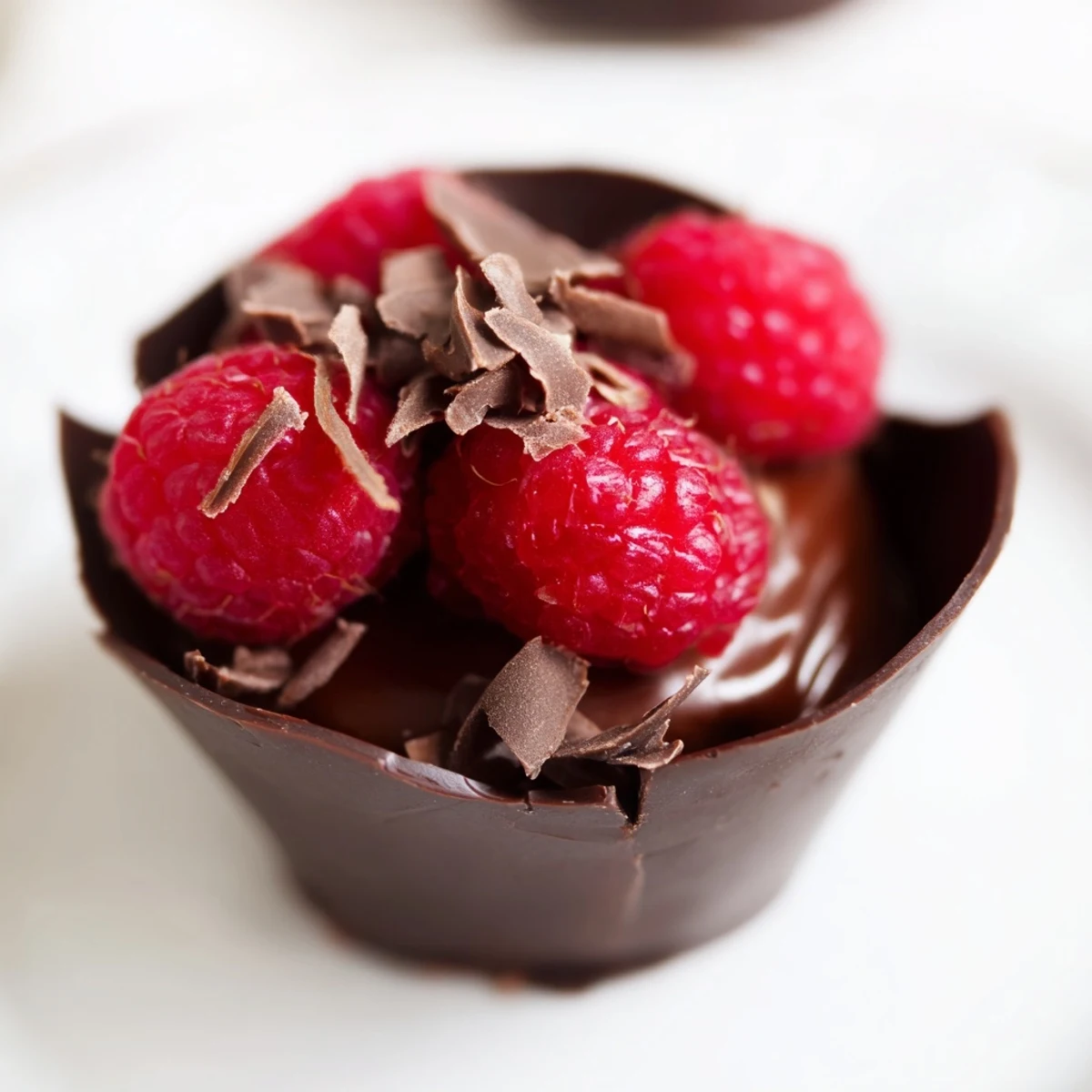 Decadent chocolate dessert cups with velvety mousse, ready to serve with a dollop of whipped cream and vibrant berries.