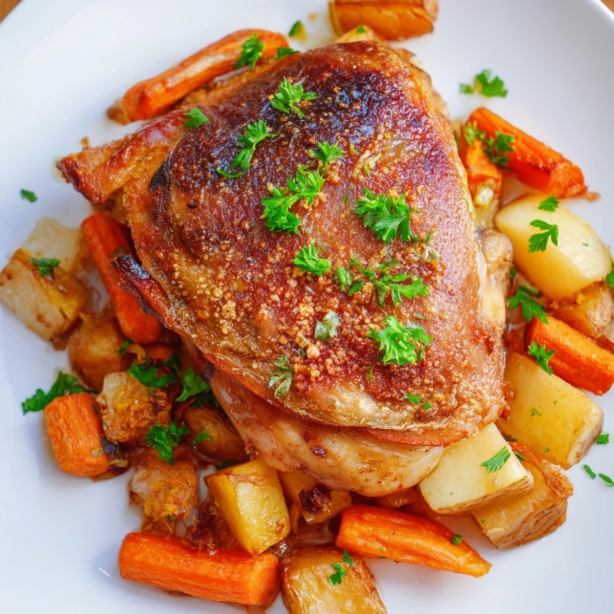 Golden-brown turkey thighs roast alongside caramelized carrots, parsnips, and red onions in a single pan.