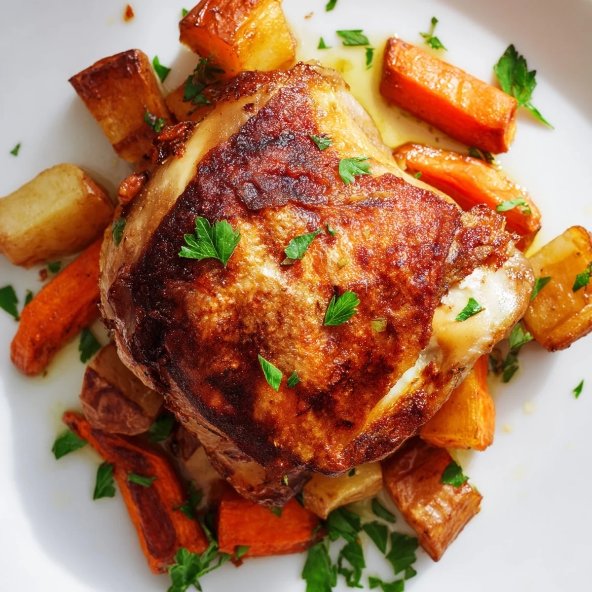 A complete gluten-free meal of tender turkey pan roast and roasted root vegetables, ready to serve.