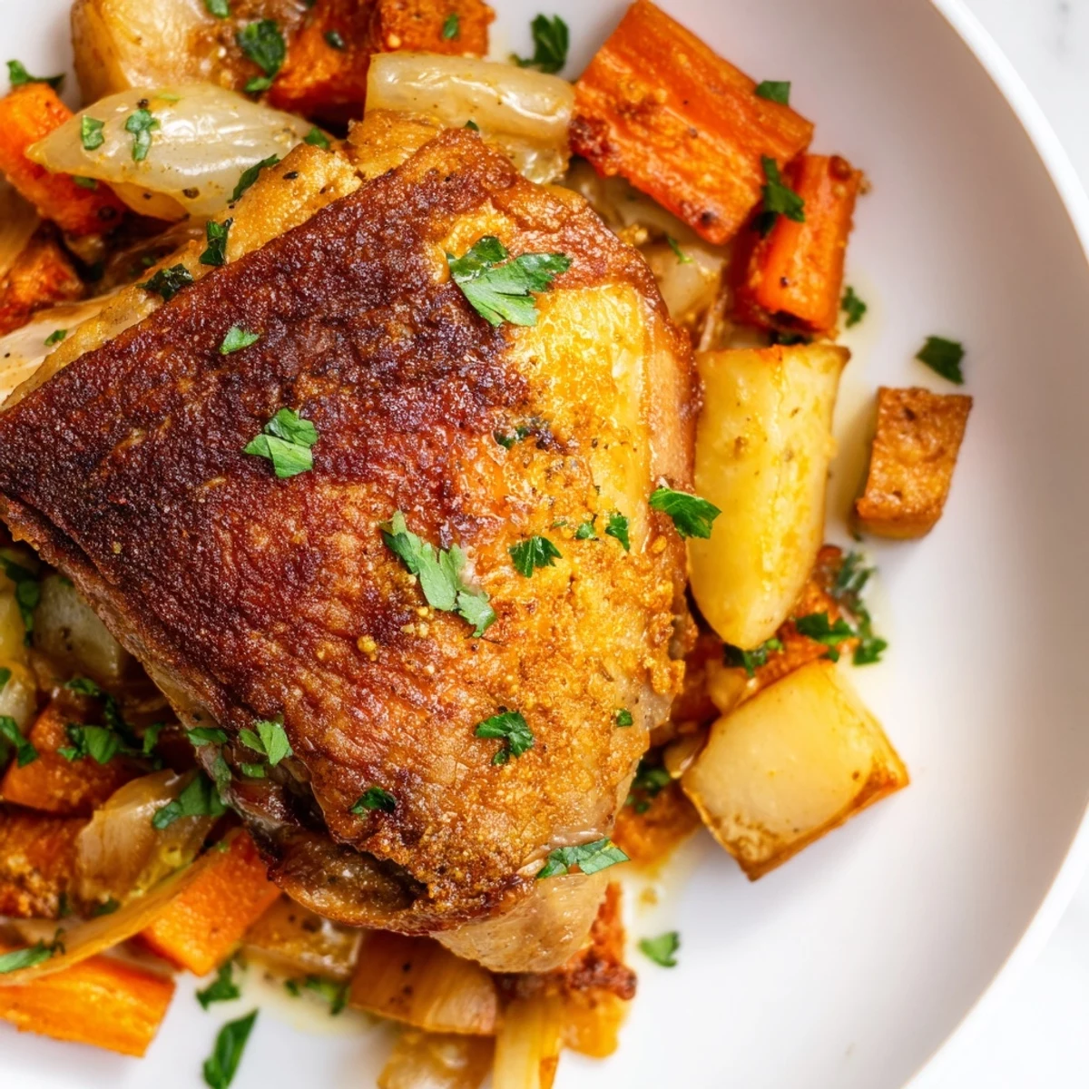 Juicy, herb-crusted turkey thighs braise with rustic potatoes and celery for a cozy family dinner.