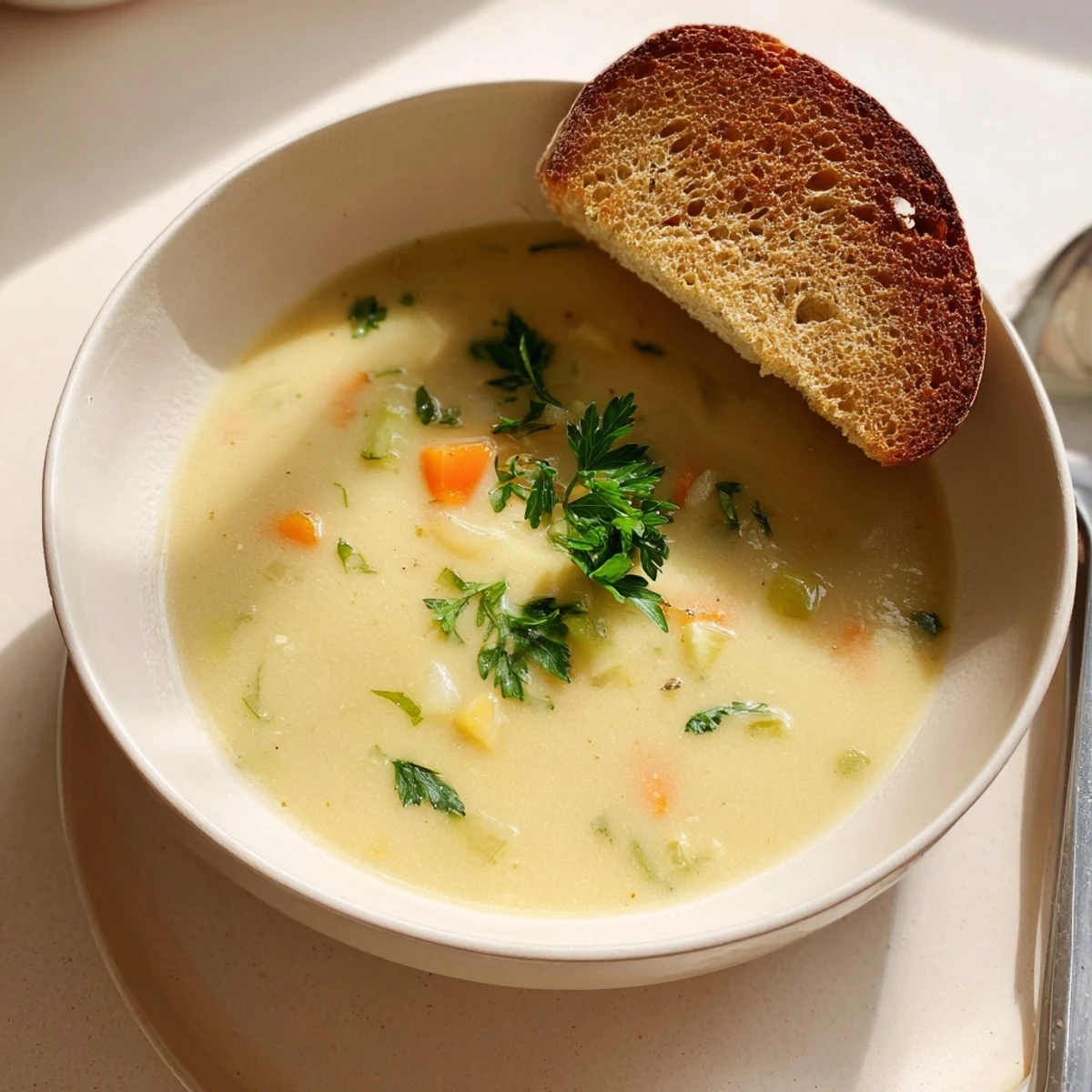 Velvety Creamy Vegetable Soup, blended until smooth, served hot with golden rustic bread for dipping on a cozy evening.