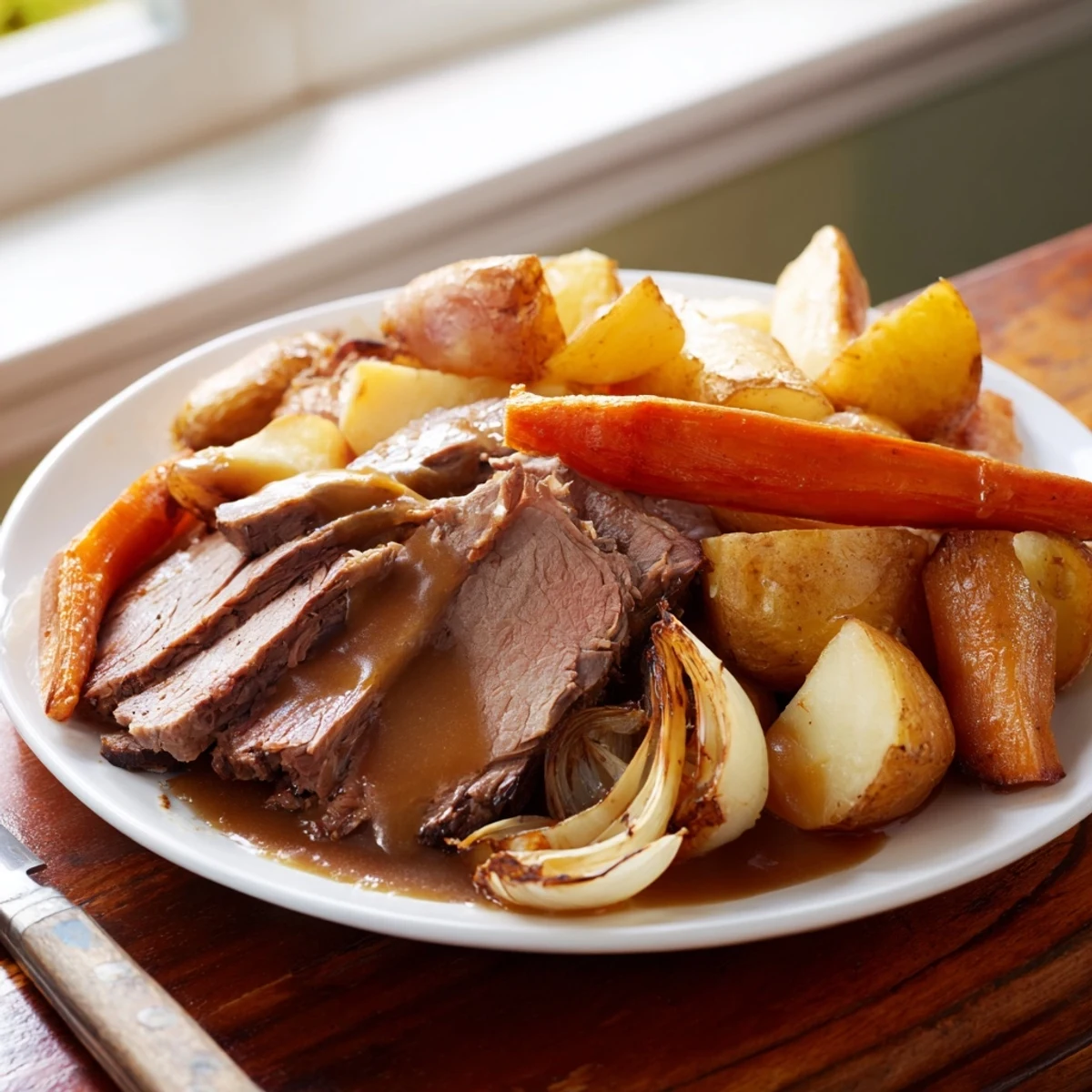 Sliced beef roast served with golden roasted potatoes, carrots, and parsnips on a rustic platter, perfect for a hearty family supper dinner.