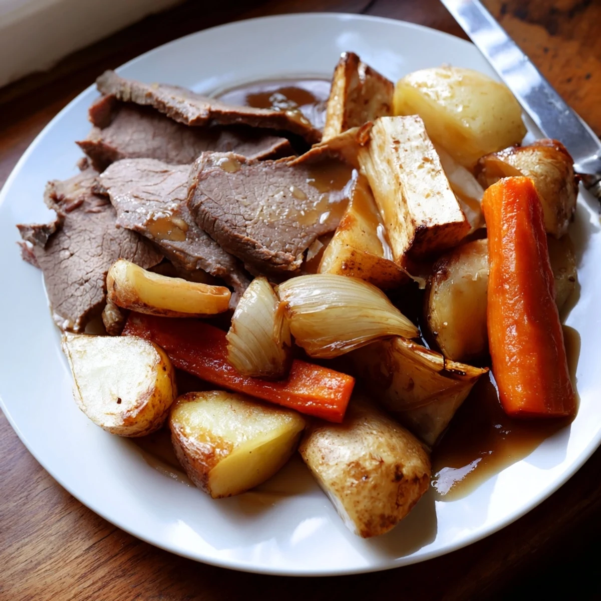 Juicy, tender beef roast surrounded by crispy roasted vegetables and drizzled with rich, savory gravy for a comforting British-inspired supper dinner.