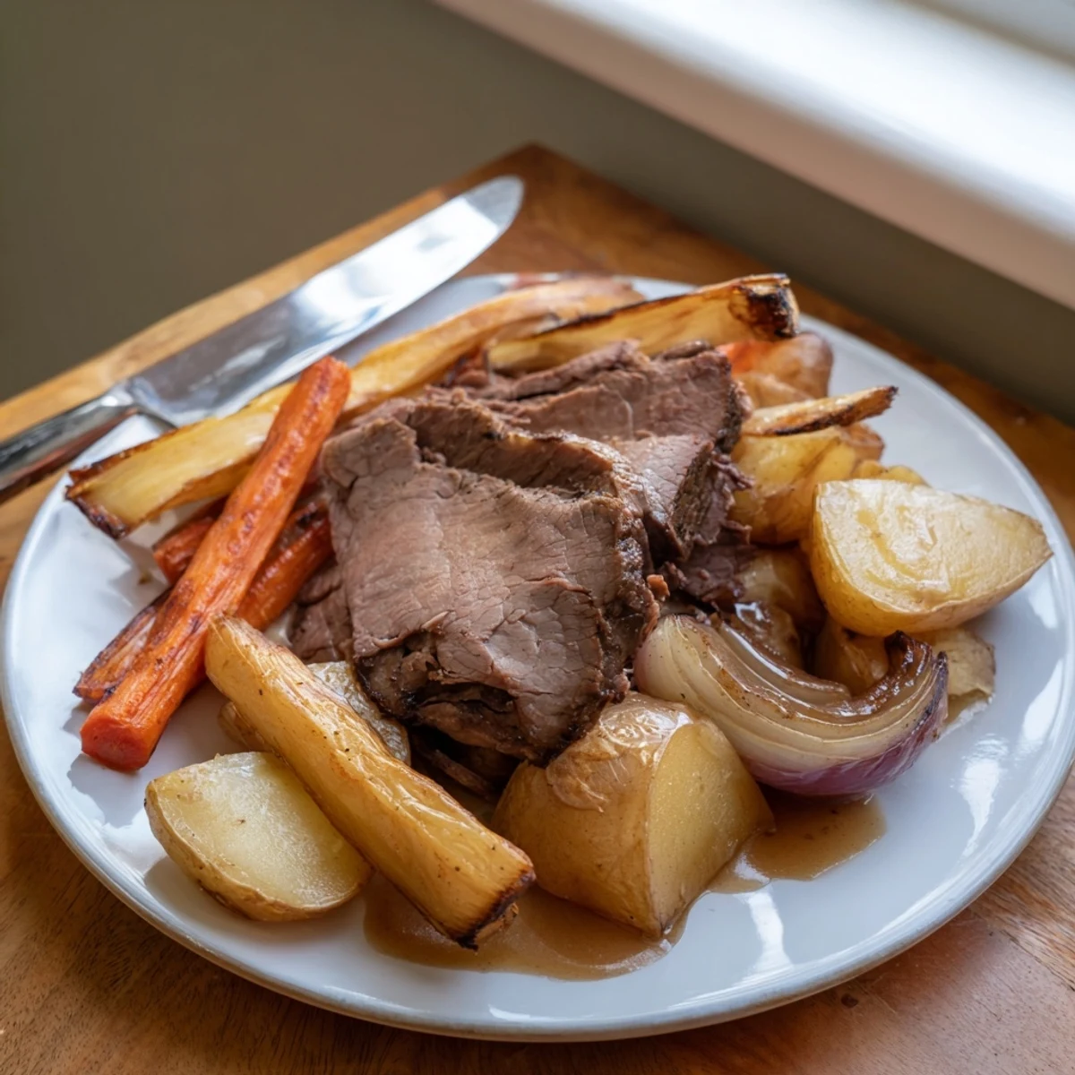 A platter of beef roast with glazed carrots and parsnips alongside fluffy potatoes, garnished with fresh thyme, ideal for a cozy family meal.