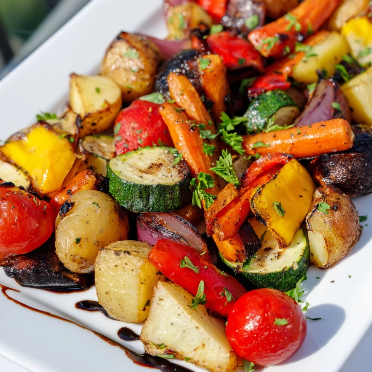 Golden roasted carrots, parsnips, and peppers from the Roasted Supper Veggies Tray, glistening with herbs and balsamic glaze.