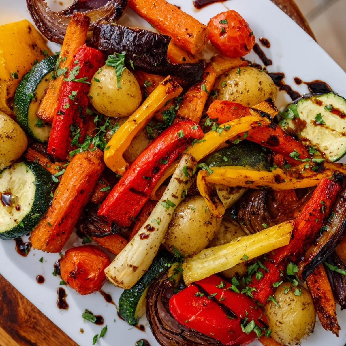 Colorful roasted vegetables including potatoes and tomatoes from the Roasted Supper Veggies Tray, served hot on a rustic platter.