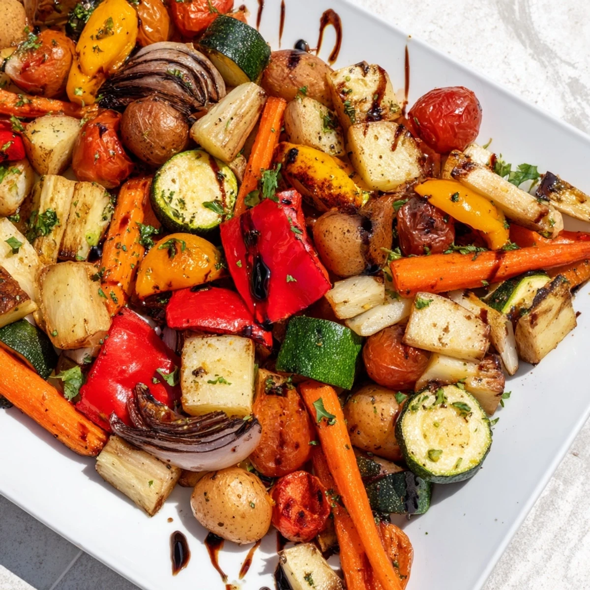 Caramelized Roasted Supper Veggies Tray with zucchini and onions, garnished with fresh parsley for a savory side dish.