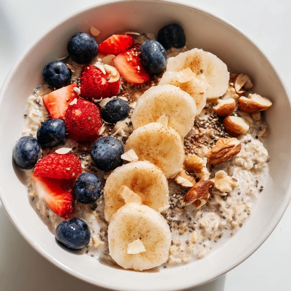 Warm, creamy oats topped with fresh berries, banana slices, and crunchy nuts in a white breakfast bowl.  