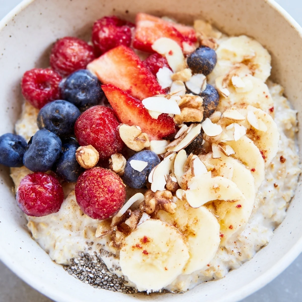 A steaming bowl of Creamy Breakfast Oats layered with berries, sliced bananas, and seeds for texture.  