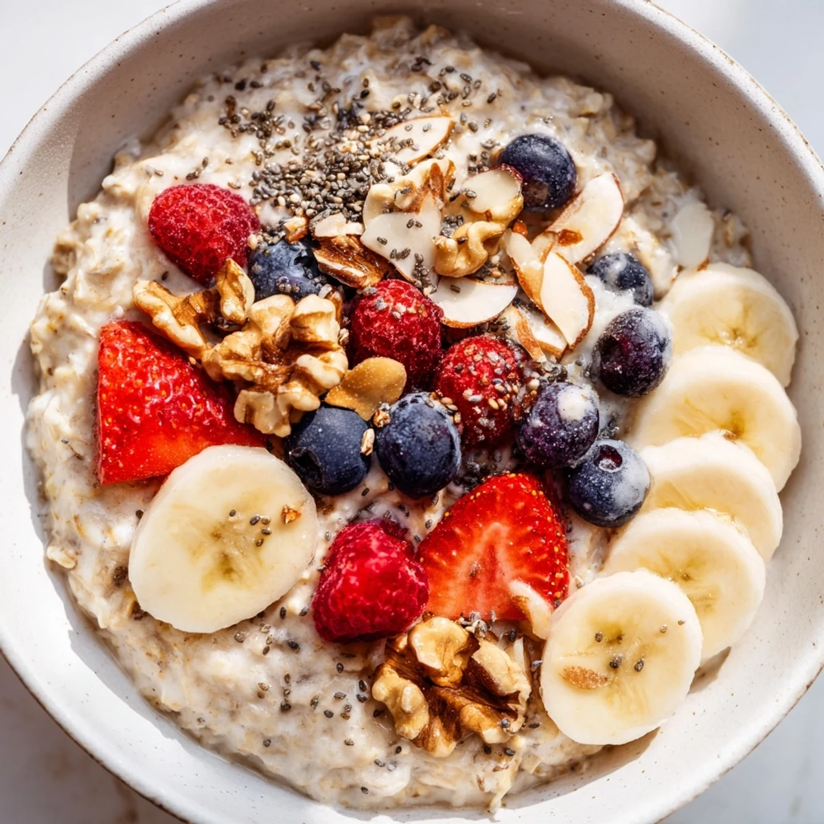 Serving suggestion for Creamy Breakfast Oats with strawberries, blueberries, and a drizzle of honey.