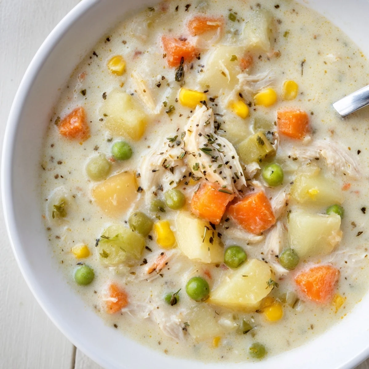Creamy Supper Soup Pot simmering in a pot with vegetables and tender chicken, perfect for a cozy family dinner.