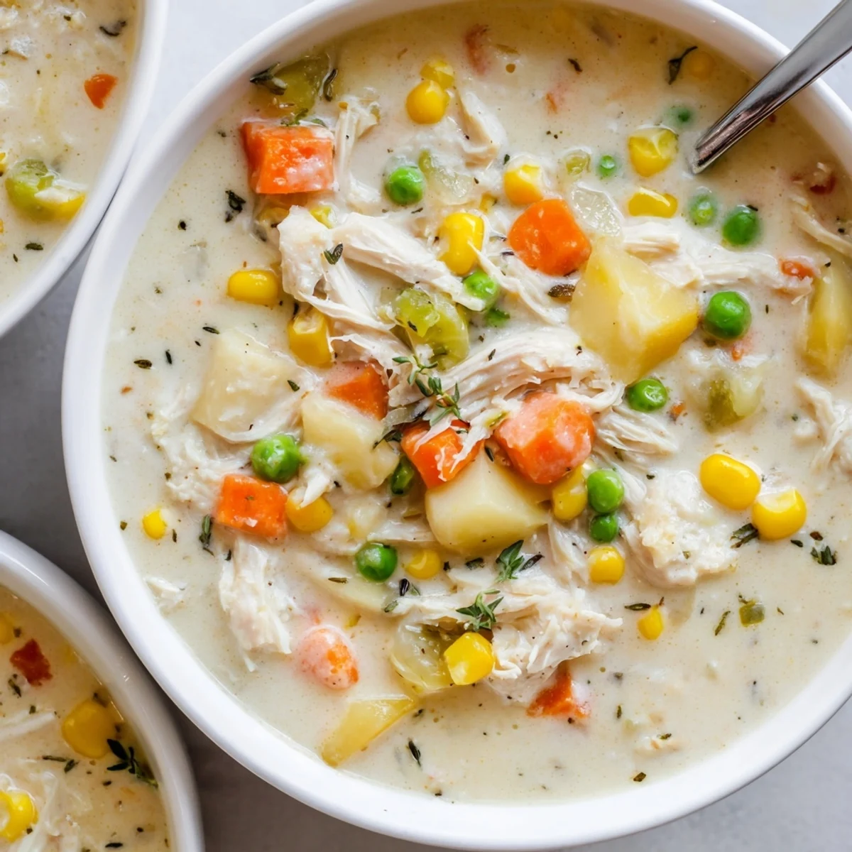 A bowl of Creamy Supper Soup Pot garnished with fresh herbs, featuring carrots, corn, peas, and chicken.